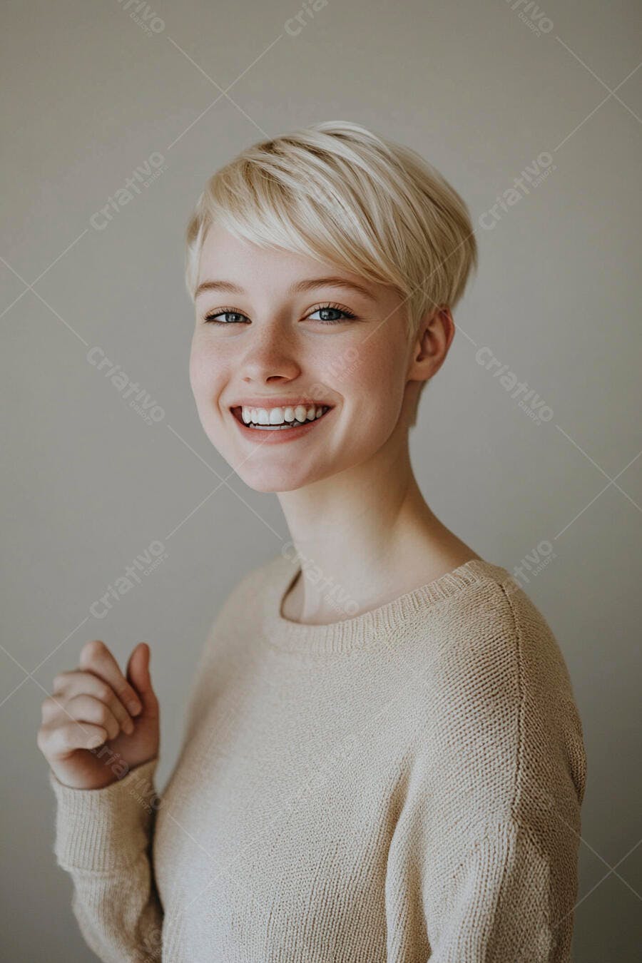 Mulher jovem caucasiana cabelos loiros curtos sorrindo alegremente em suéter bege