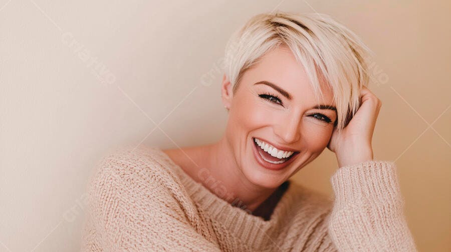 Mulher loira de cabelo curto sorrindo em estúdio com suéter bege