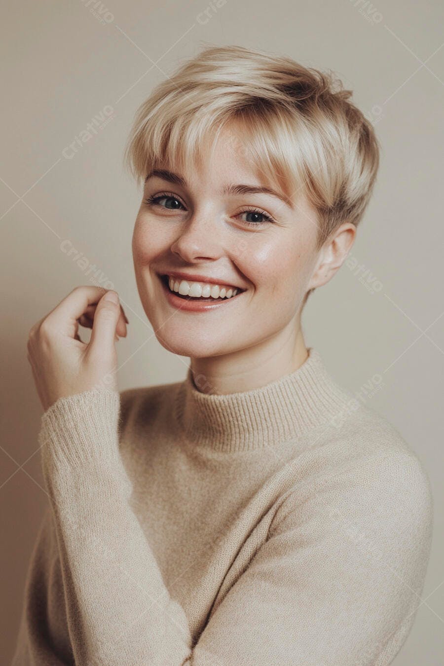 Mulher loira caucasiana feliz de cabelo curto usando suéter bege