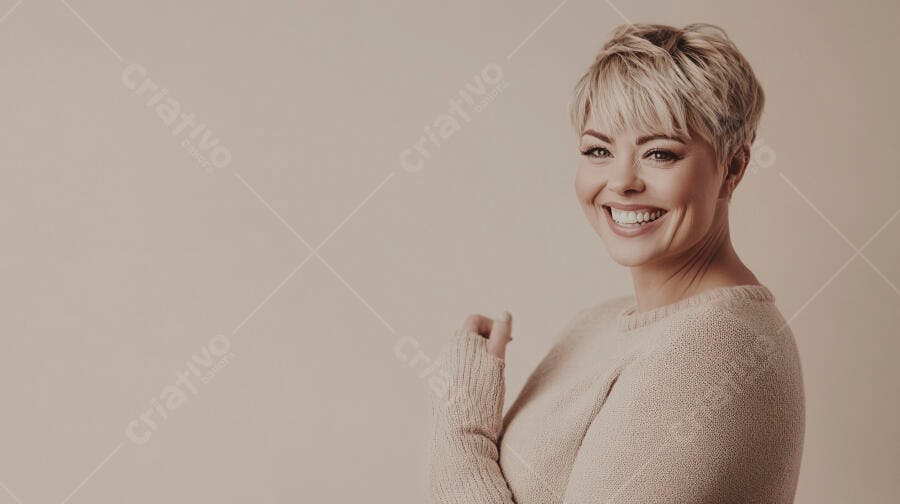 Mulher caucasiana loira de cabelo curto sorrindo com suéter bege