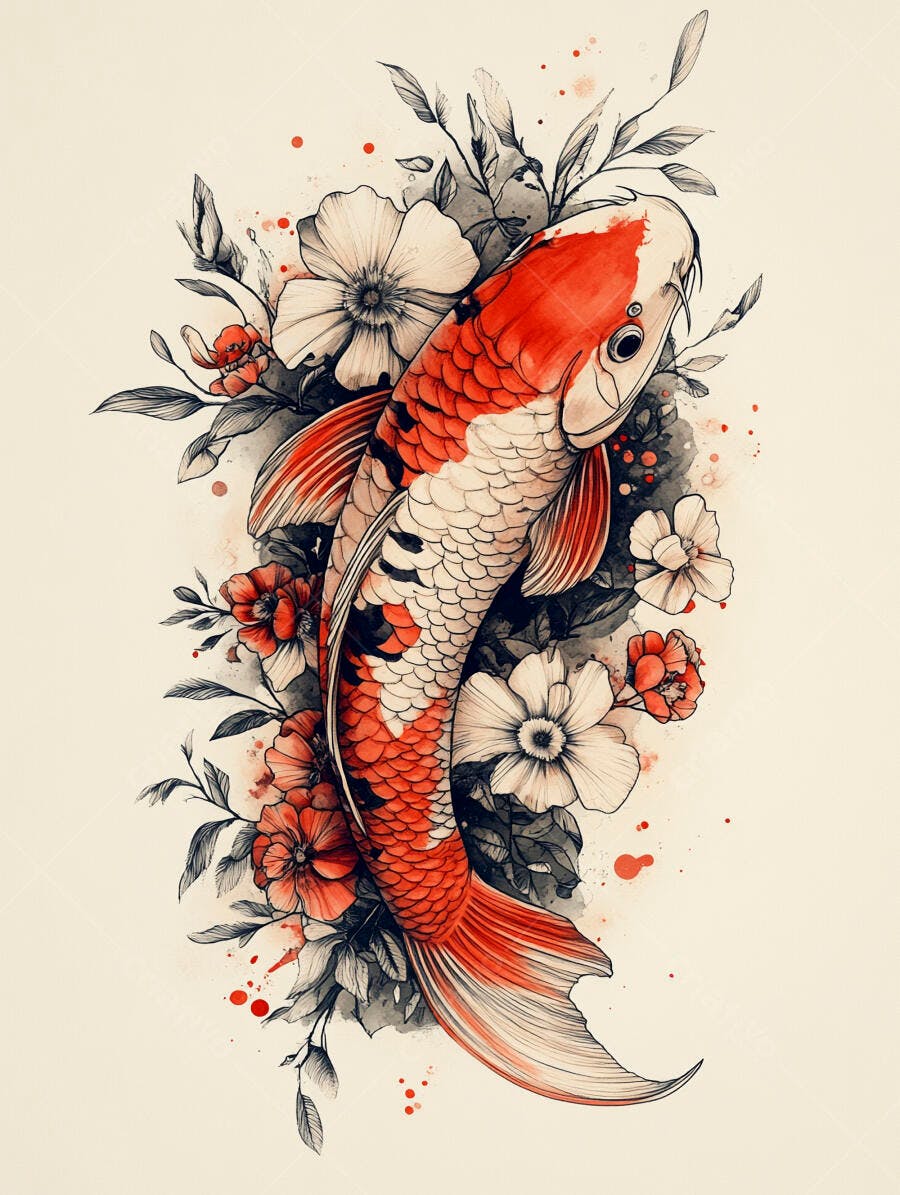 Carpa Koi vermelha e branca em ilustração floral estilo japonês vibrante