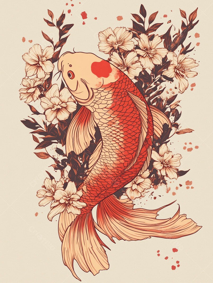 Carpa koi laranja com flores creme e folhas escuras ilustração artística