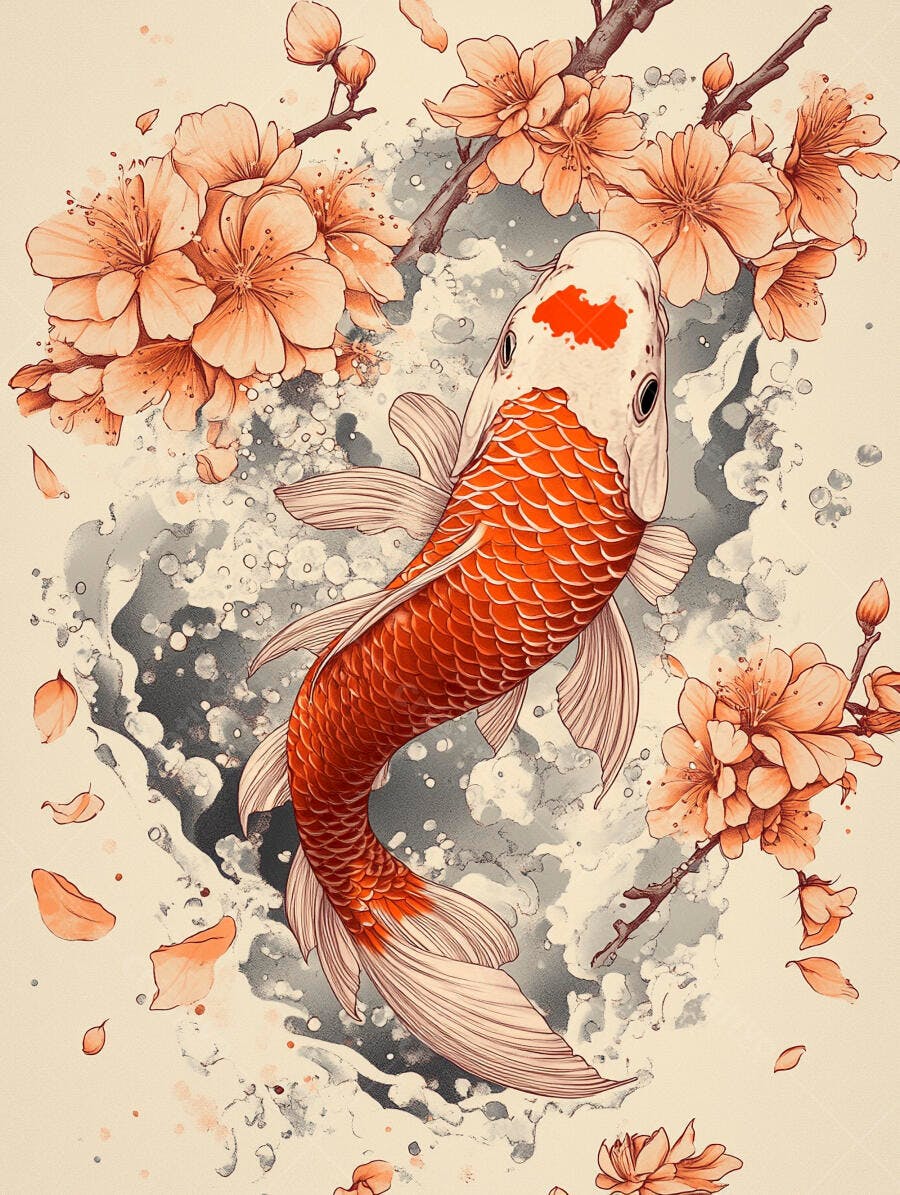 Peixe Koi laranja e branco nadando com flores de cerejeira em aquarela