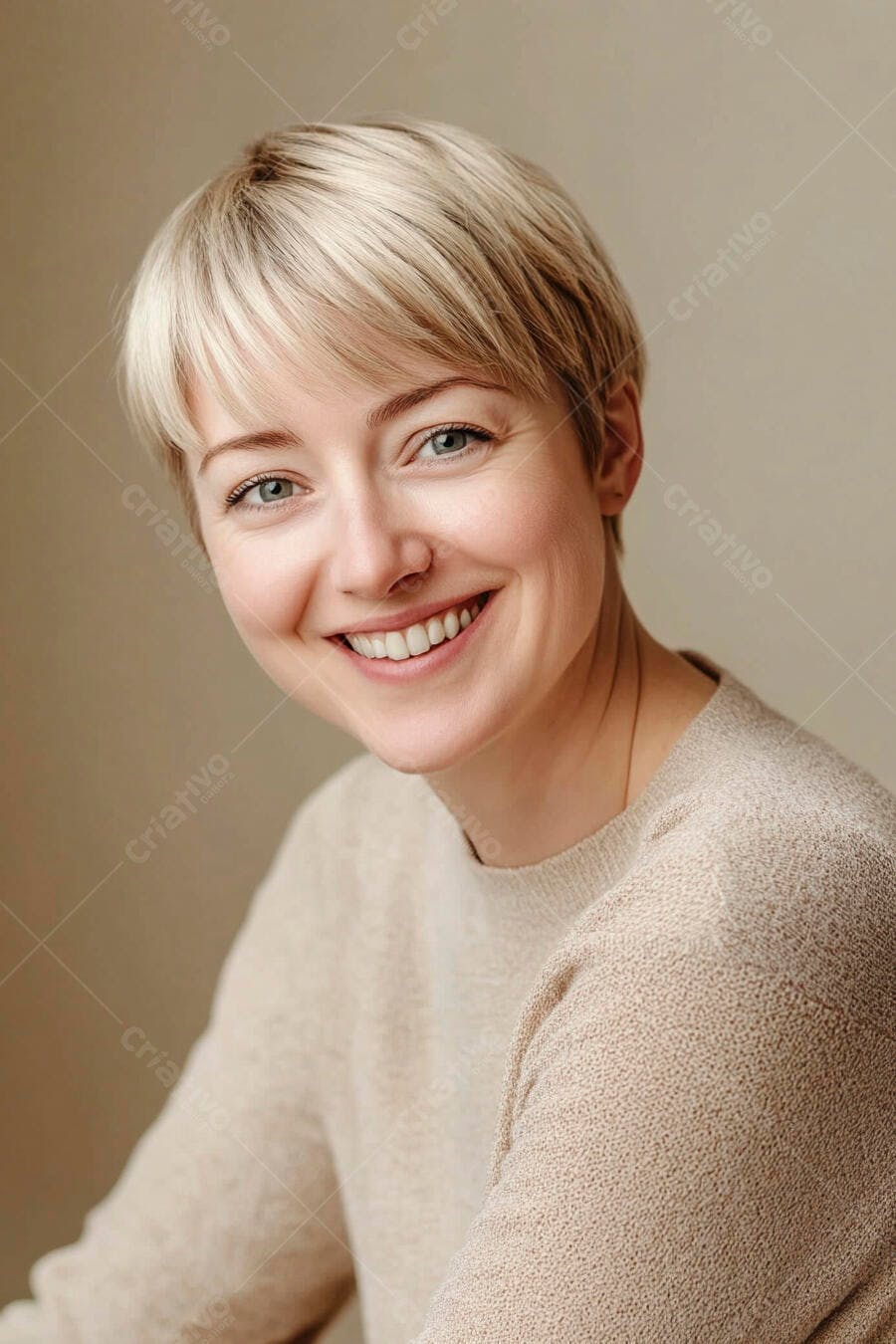 Mulher branca loira sorrindo com suéter bege em retrato otimista