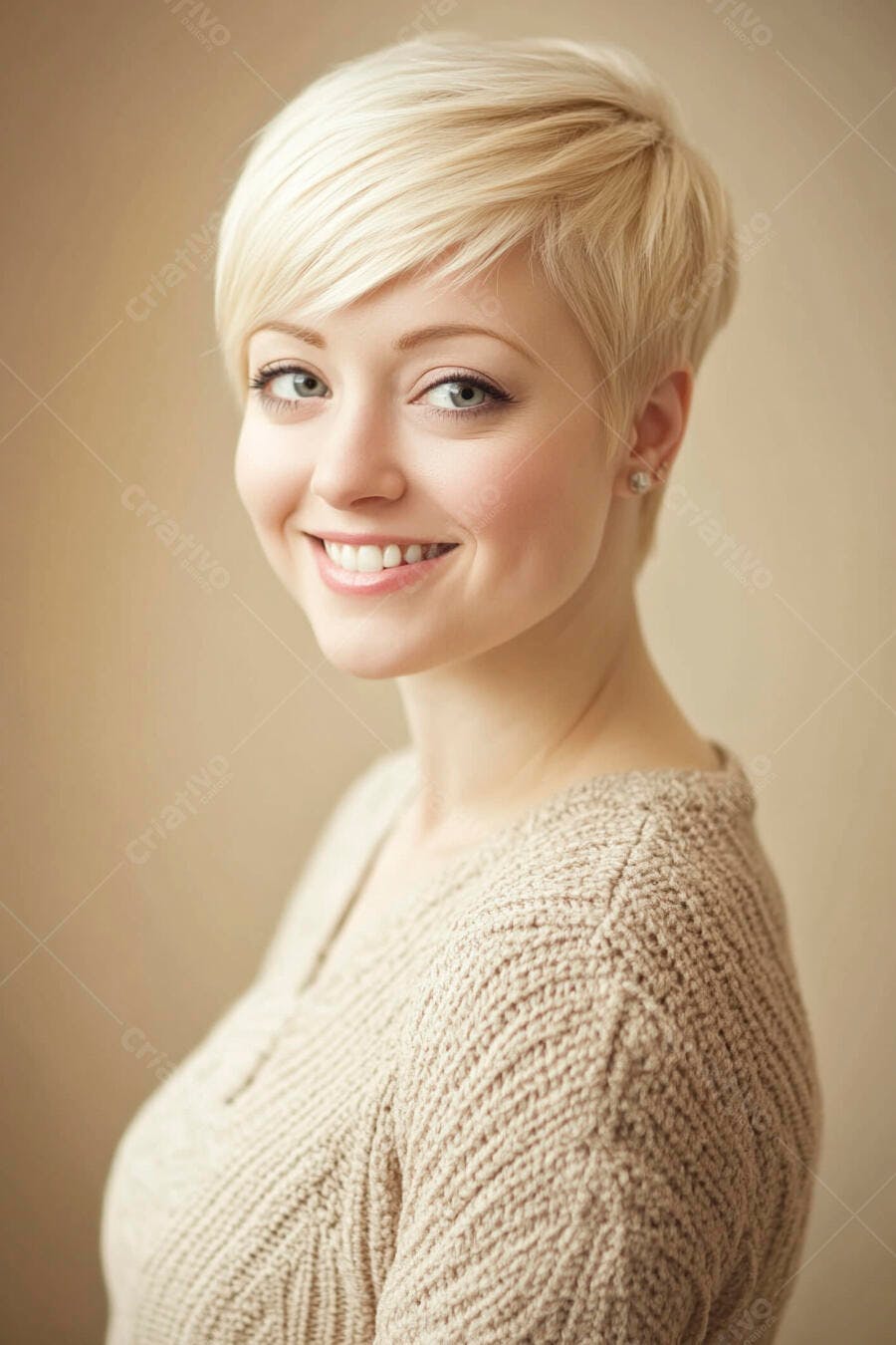 Mulher jovem caucasiana loira de cabelo curto sorrindo em suéter bege