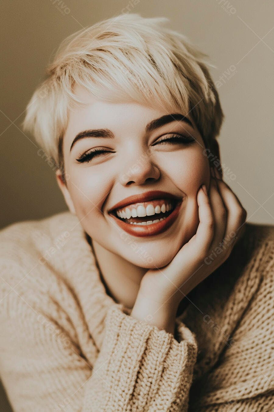 Mulher jovem loira rindo com suéter bege de tricô