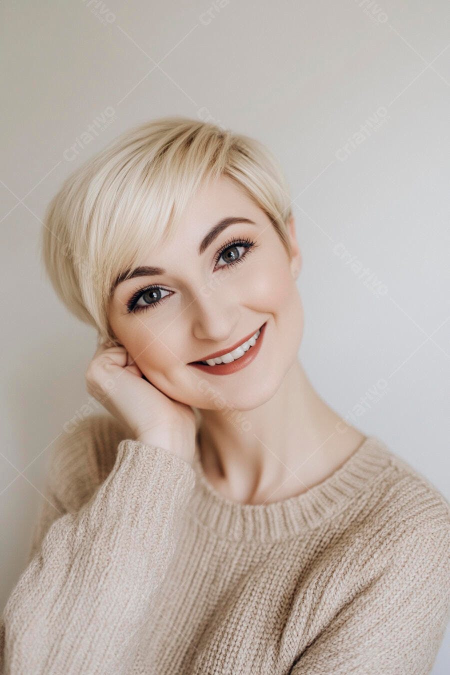 Mulher loira sorrindo com suéter bege em retrato otimista