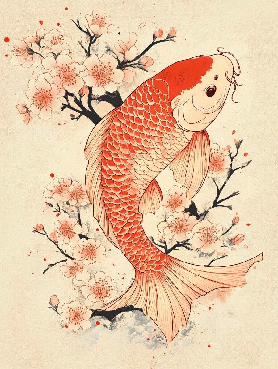 Peixe Koi laranja e branco com flor de cerejeira aquarela