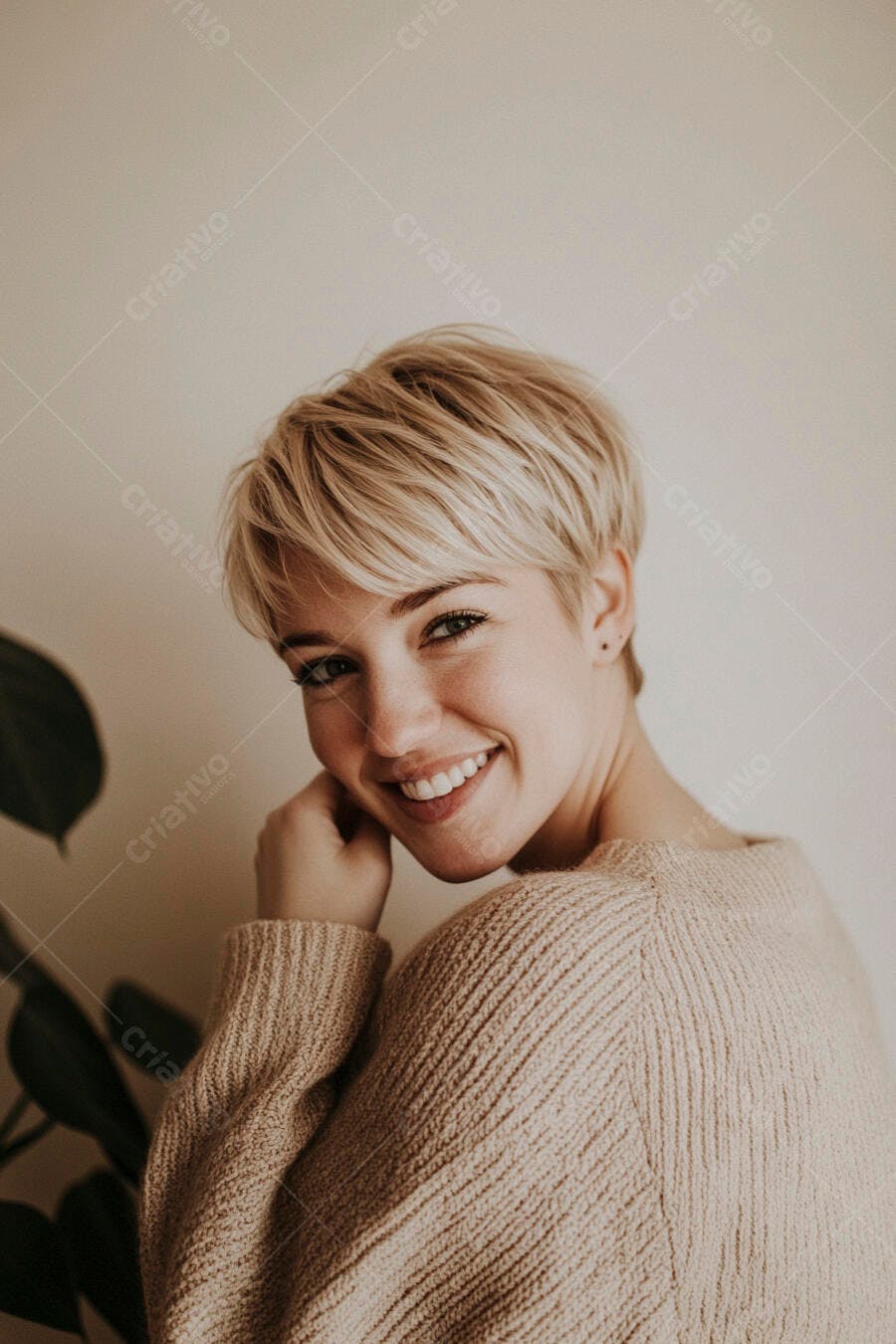 Mulher jovem caucasiana cabelo loiro curto sorrindo suéter bege aconchegante