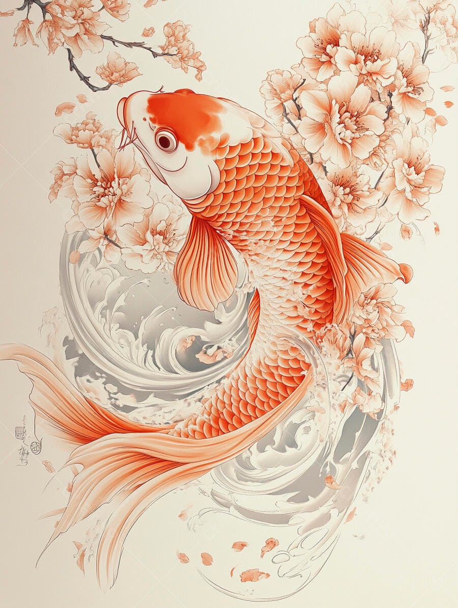 Peixe koi laranja e branco com flores de cerejeira e ondas arte oriental
