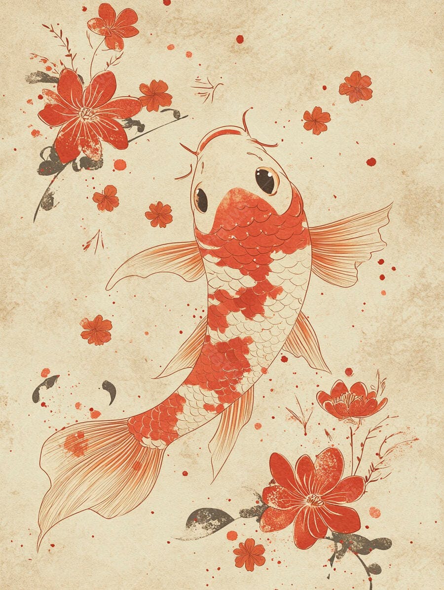 Peixe koi vermelho e branco com flores estilo japonês ilustração vintage