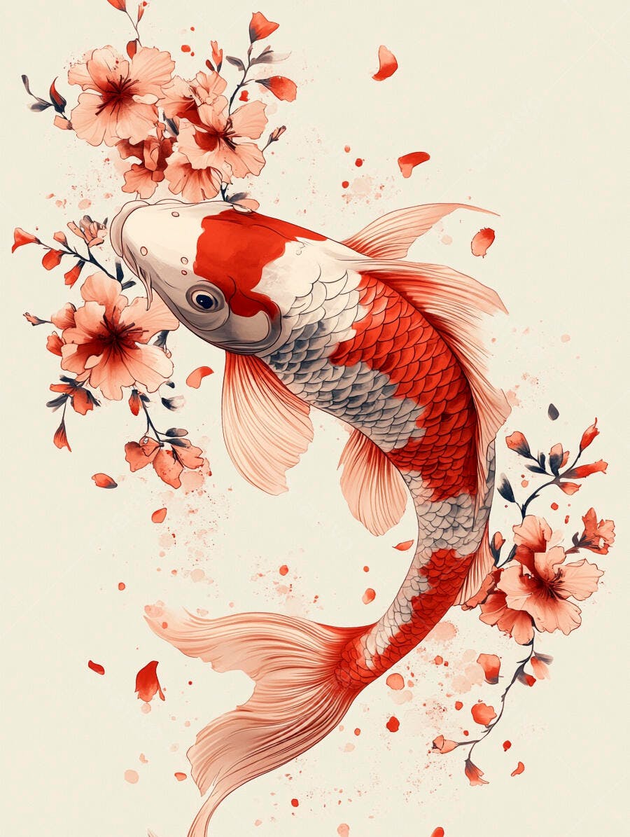 Peixe Koi vermelho e branco com flores de cerejeira em aquarela