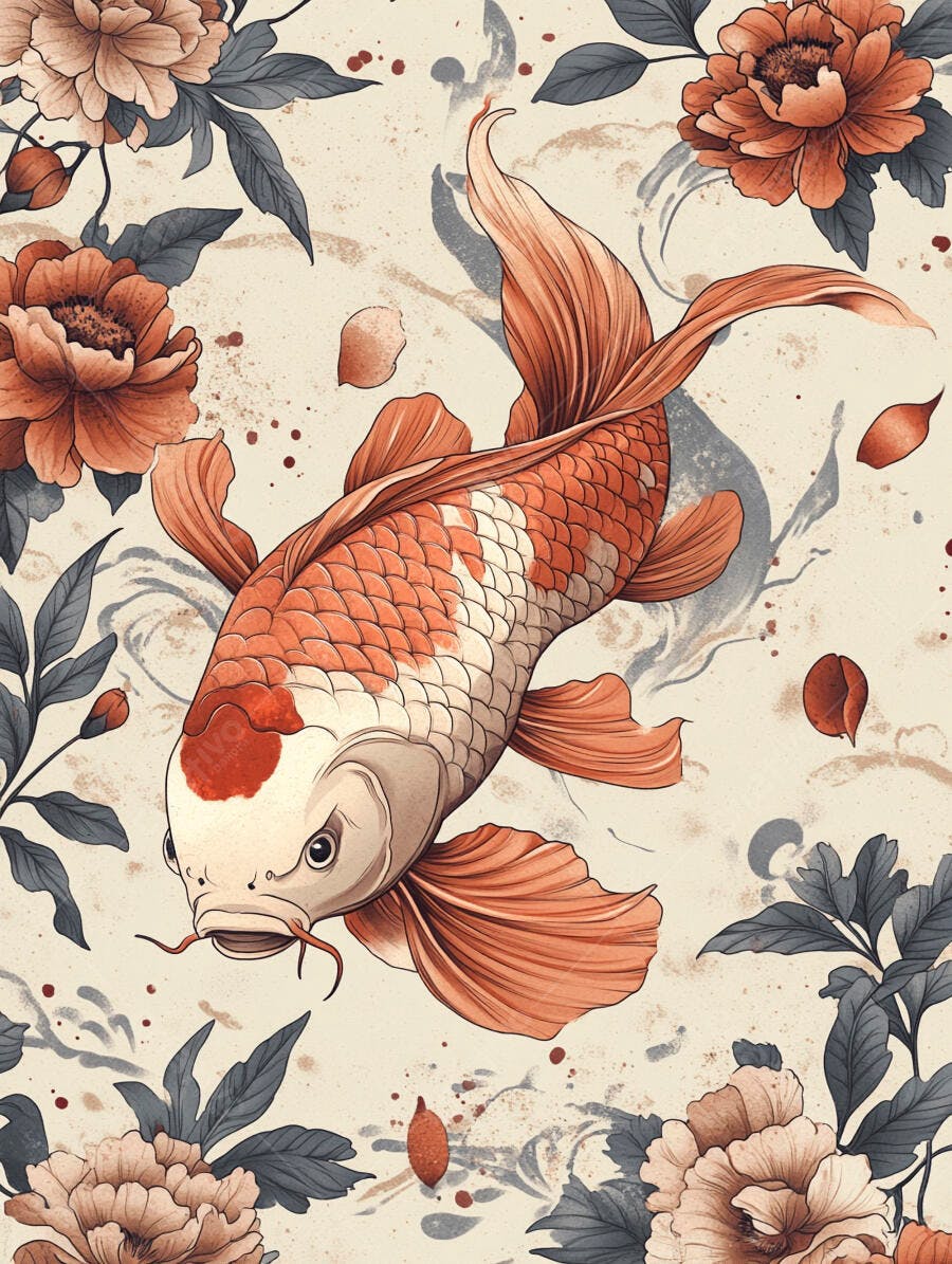 Peixe Koi laranja e branco nadando entre flores e folhas cinzas em arte japonesa