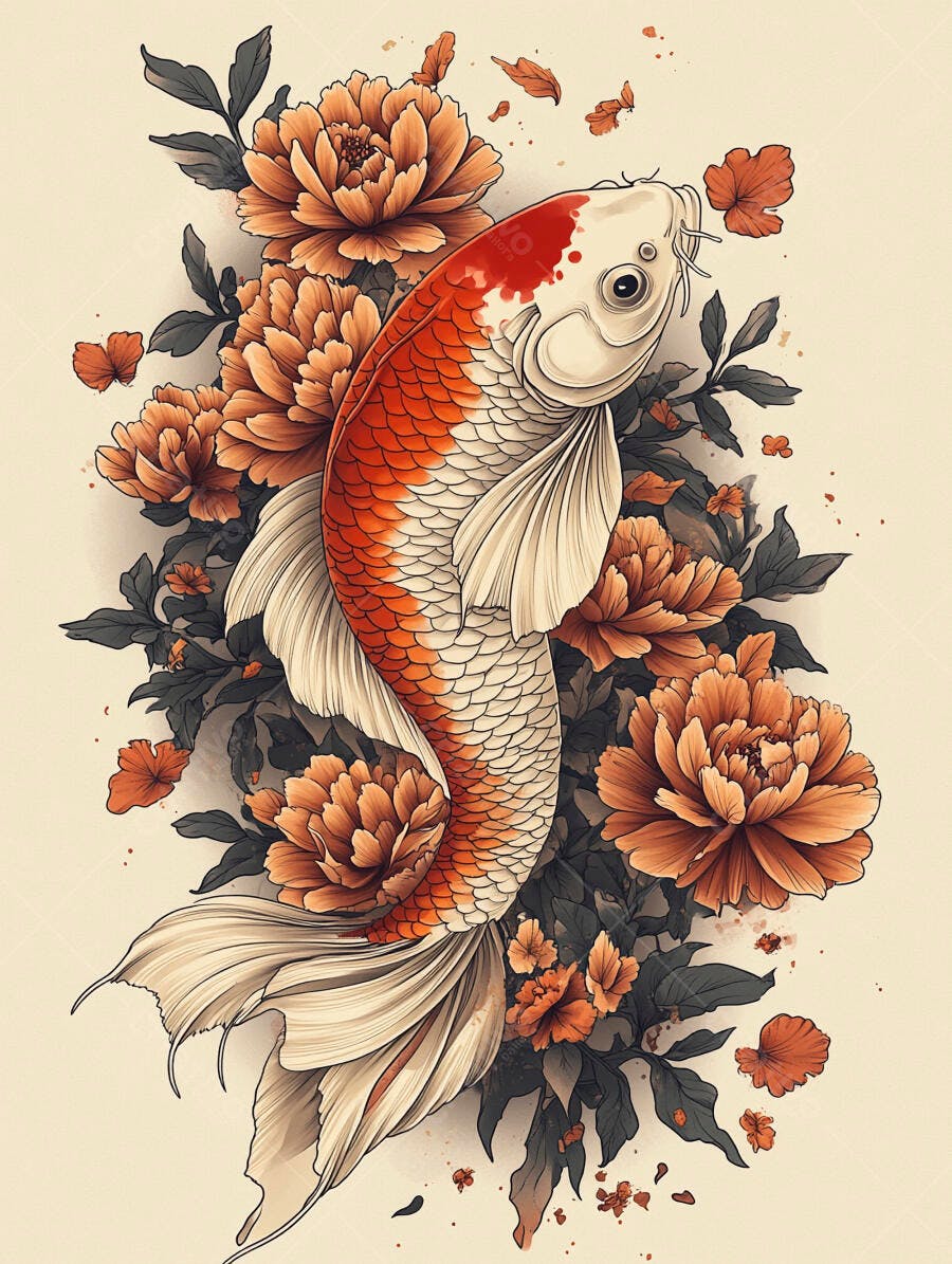 Peixe Koi laranja e branco com flores peônias em estilo japonês
