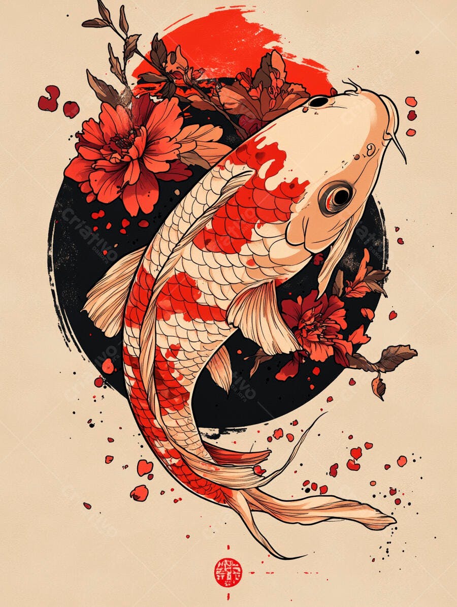 Peixe Koi vermelho e branco com flores estilo arte japonesa