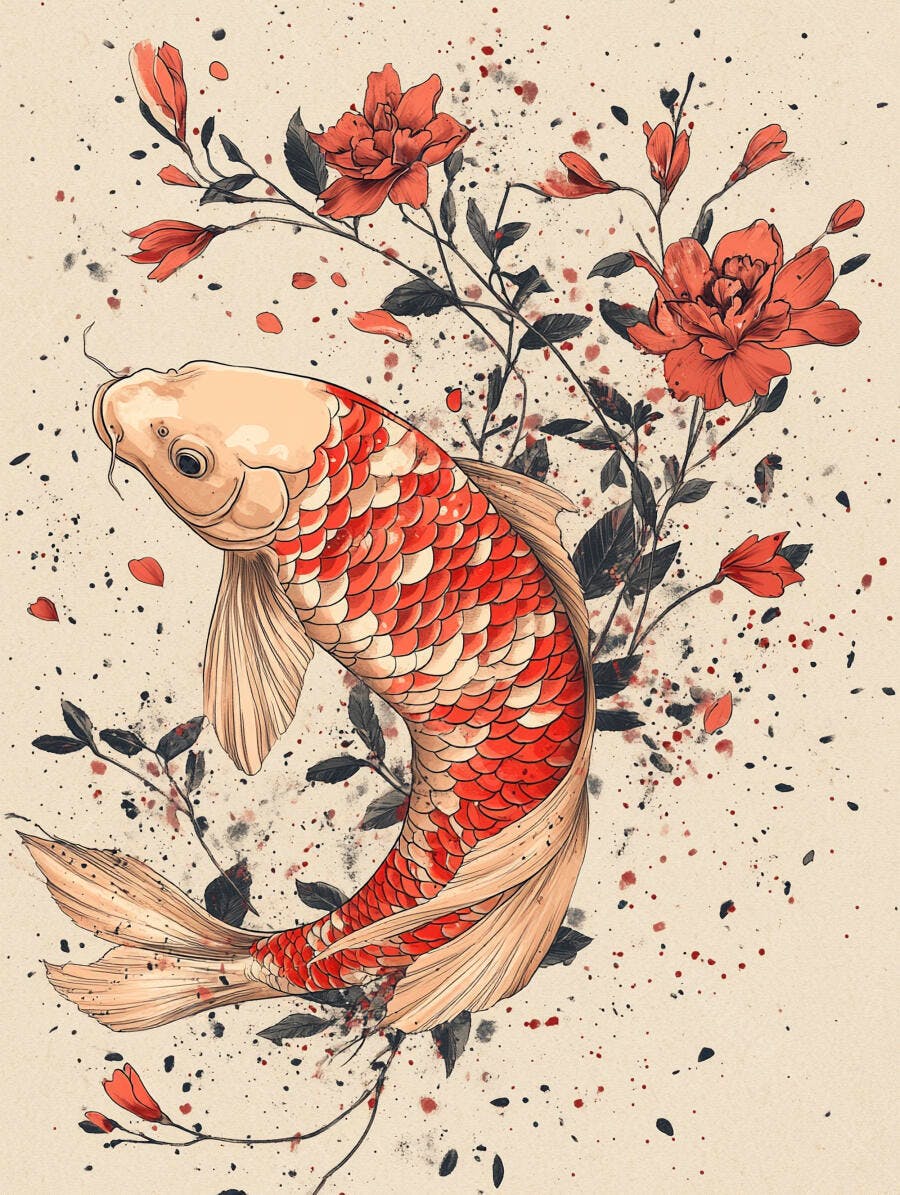 Carpa Koi laranja e vermelha com flores em aquarela estilo japonês