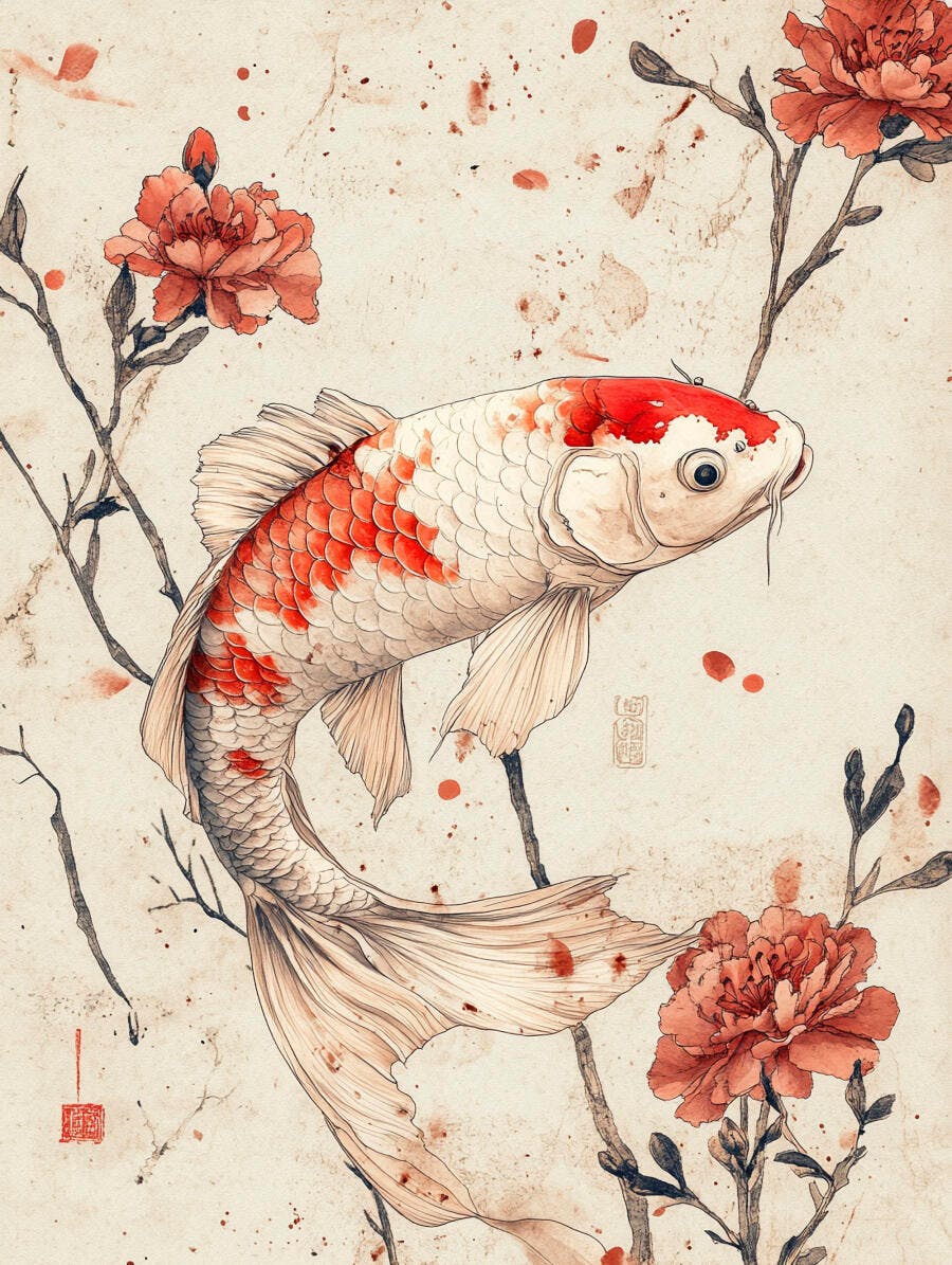 Peixe Koi branco e vermelho com flores em aquarela estilo asiático