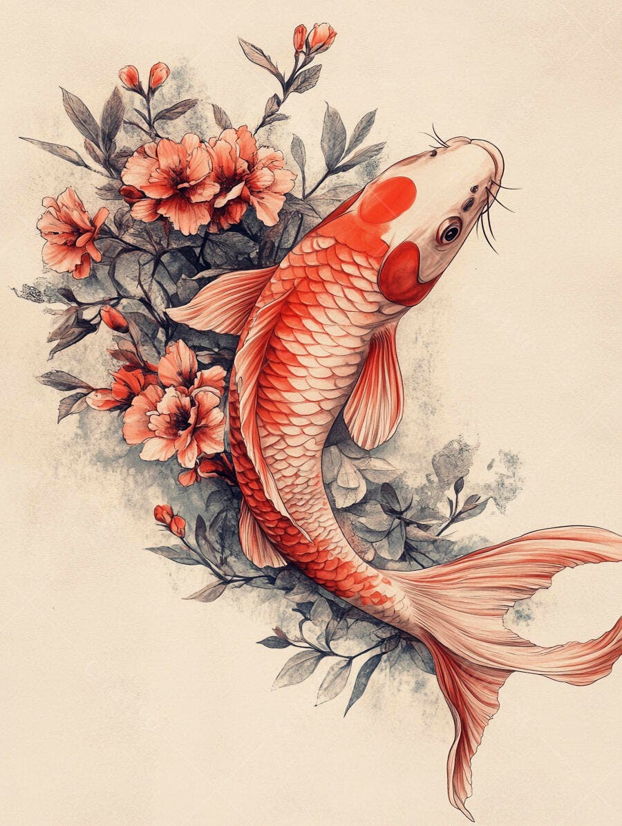 Peixe Koi laranja e branco com flores corais em aquarela estilo japonês