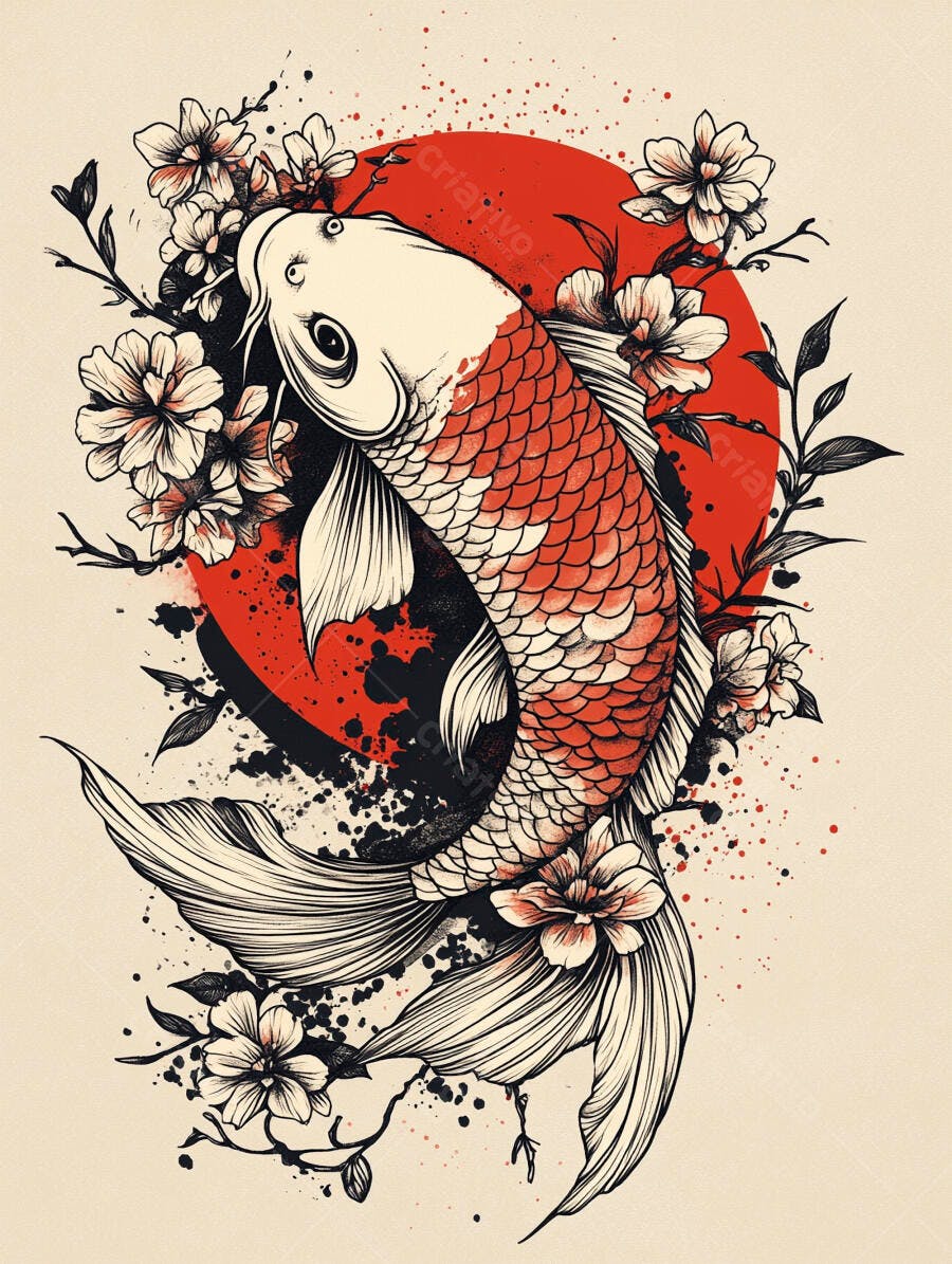 Peixe Koi vermelho e branco com flores de cerejeira e sol nascente arte japonesa