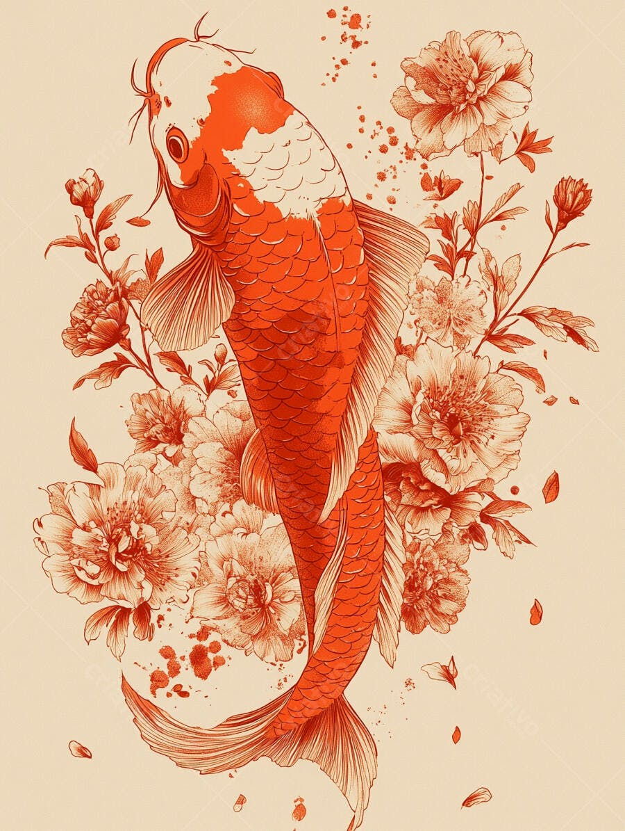 Carpa koi laranja e branca com flores asiáticas vibrantes em fundo creme