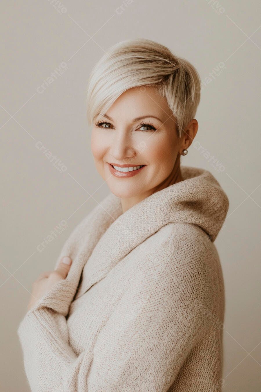 Mulher loira sorrindo com suéter bege clara e cabelo curto elegante