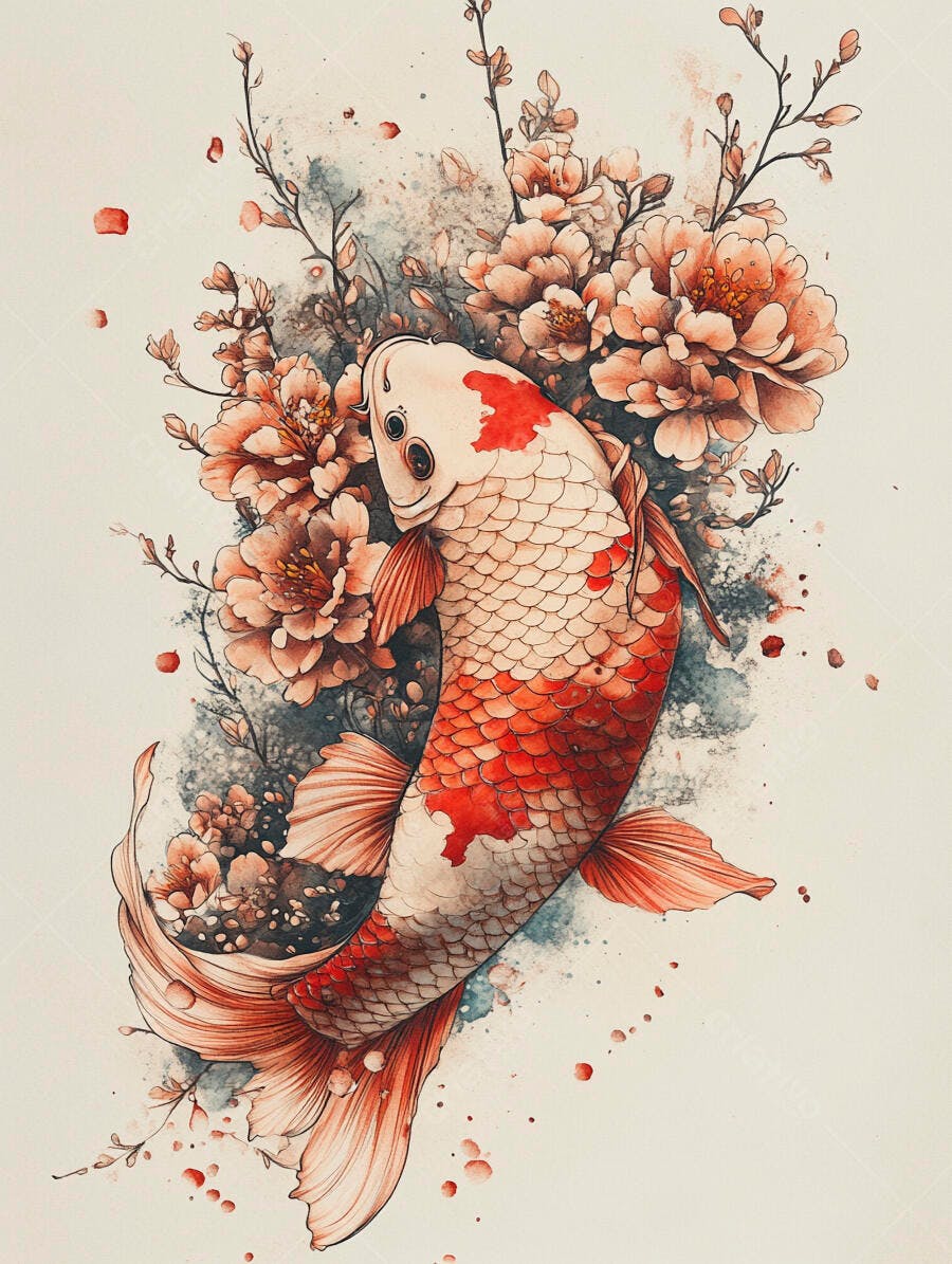 Peixe Koi vermelho e branco com flores de cerejeira em aquarela