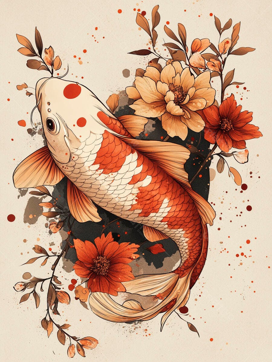 Peixe Koi branco e laranja com flores orientais em aquarela