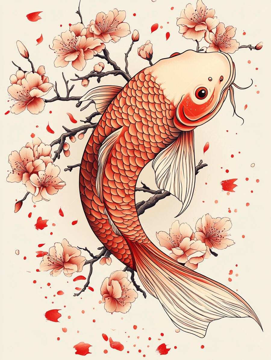 Peixe Koi laranja em arte japonesa com flores de cerejeira e pétalas caindo