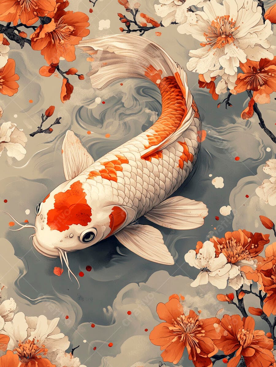 Carpa koi branca e laranja nadando com flores asiáticas
