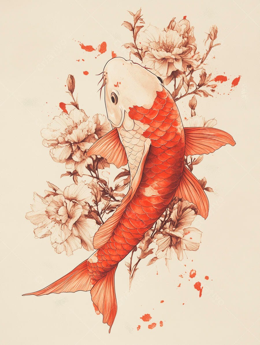 Peixe Koi vermelho e branco com flores estilo aquarela oriental