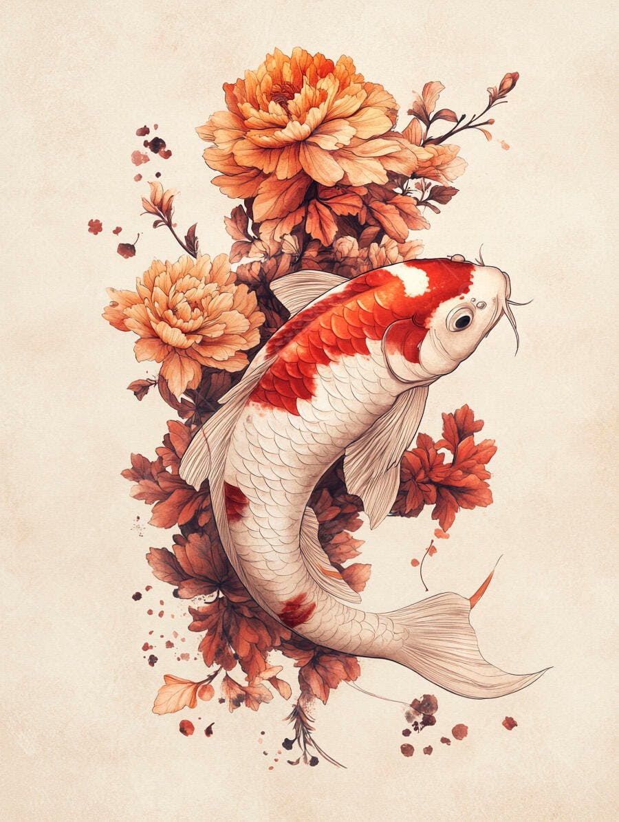 Peixe Koi branco e vermelho com flores alaranjadas e folhas de outono estilo japonês