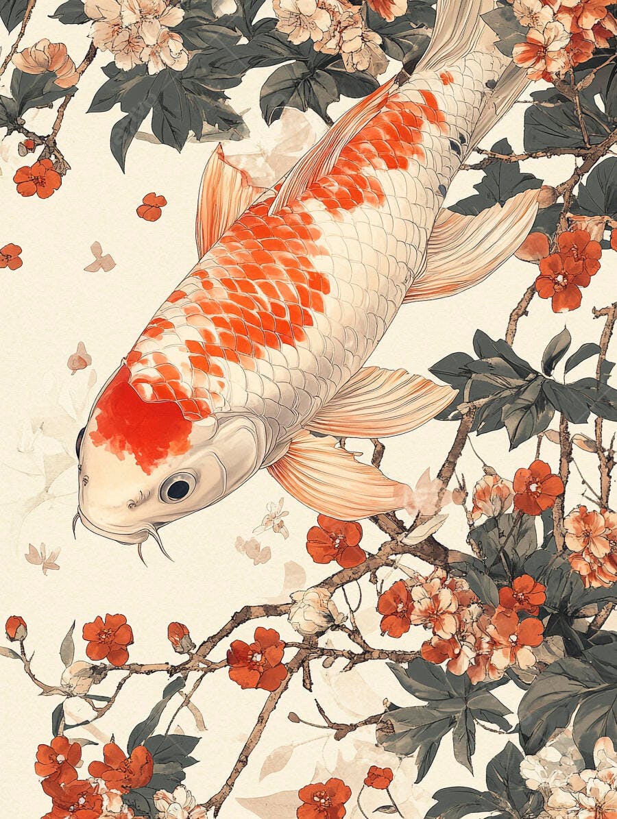 Koi peixe branco e laranja entre flores e folhas em estilo japonês