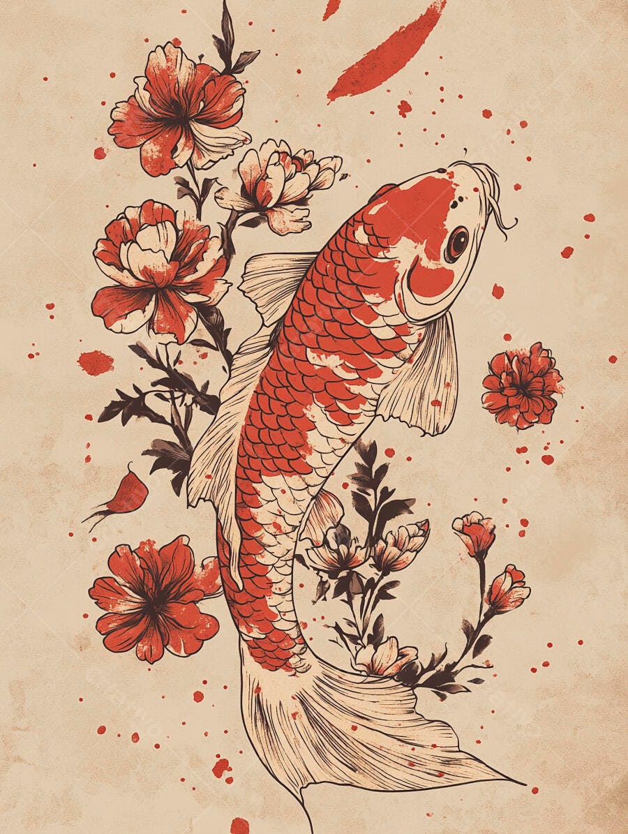 Peixe Koi vermelho e branco com flores estilo japonês vintage