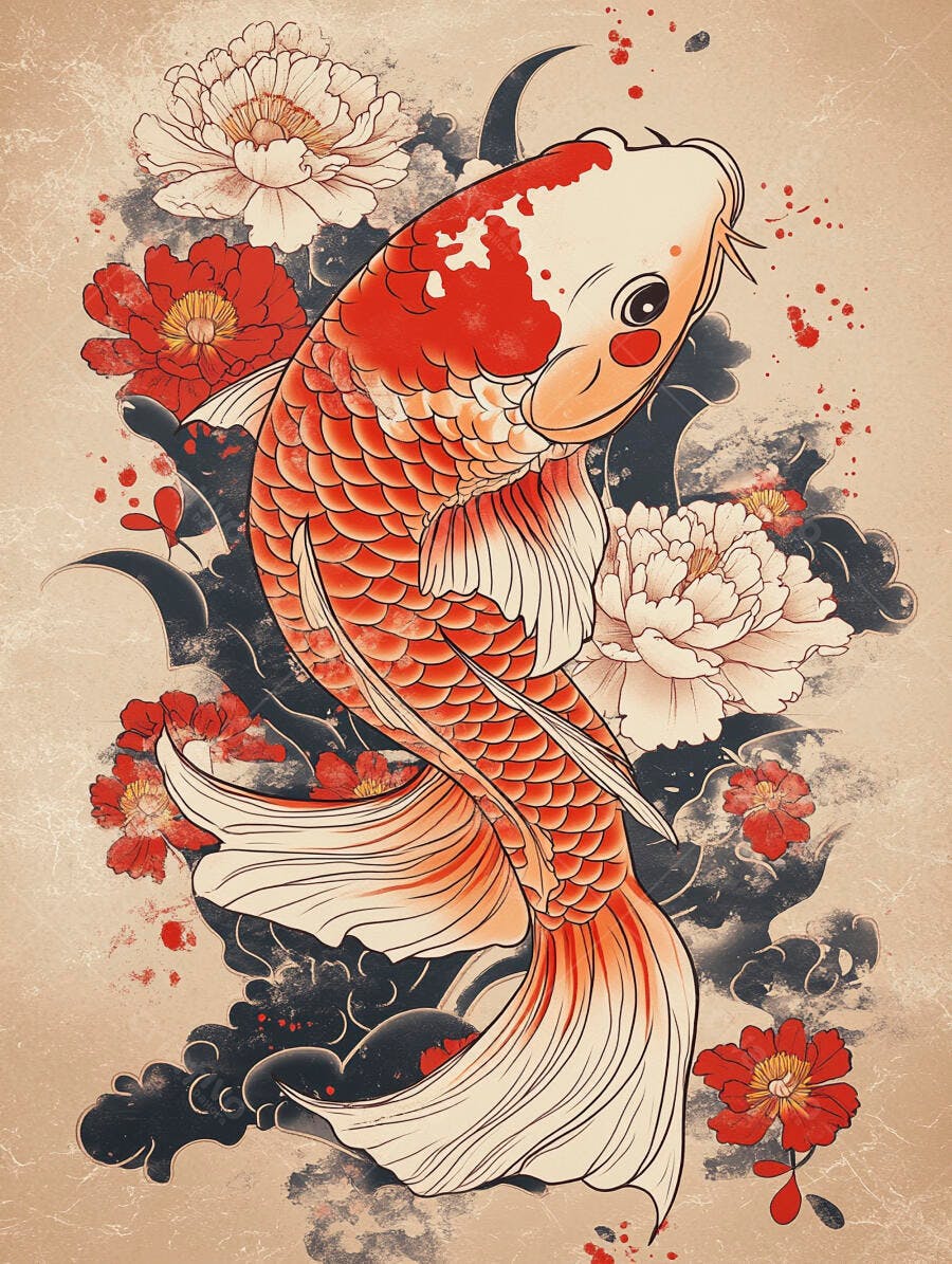 Carpa Koi vermelha e branca ilustração estilo tatuagem com peônias e ondas