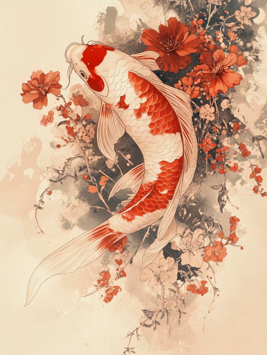 Peixe Koi vermelho e branco com flores orientais em estilo aquarela