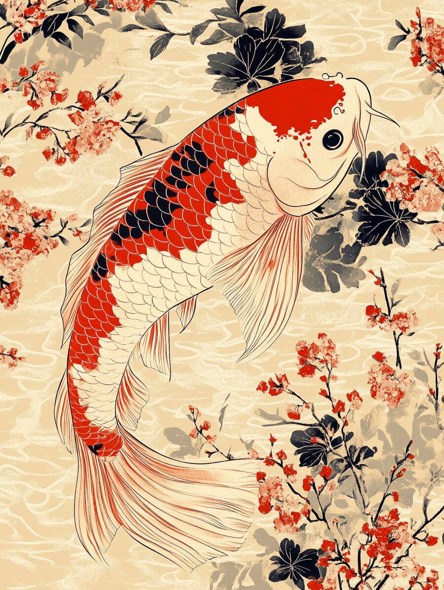 Peixe Koi vermelho e branco nadando entre flores de cerejeira em arte japonesa