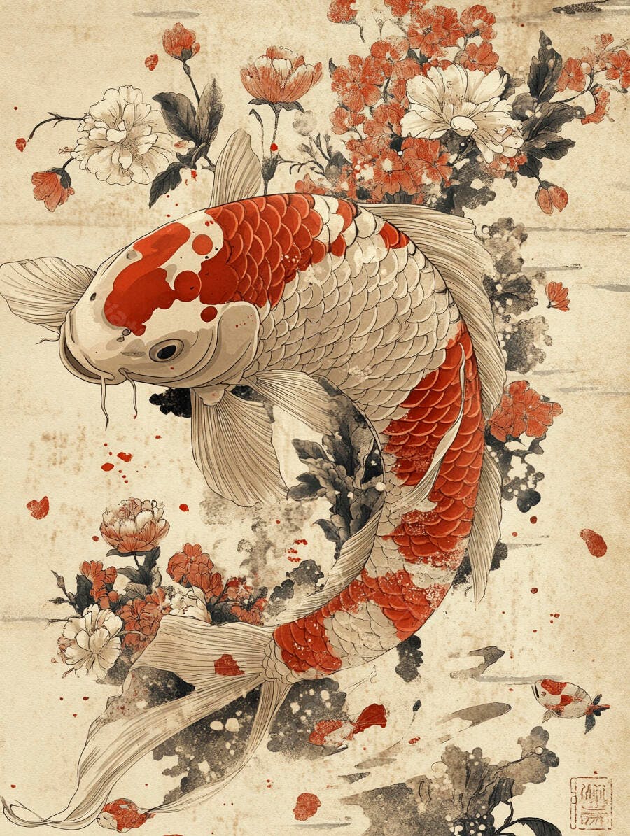 Peixe Koi vermelho e branco em arte japonesa com flores
