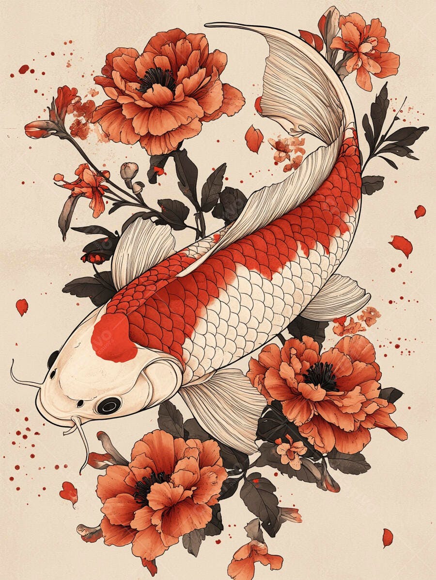 Peixe Koi japonês vermelho e branco com flores de peônia em estilo aquarela