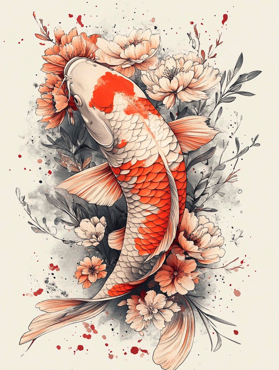 Peixe koi vibrante nadando entre flores alaranjadas e folhagem cinza