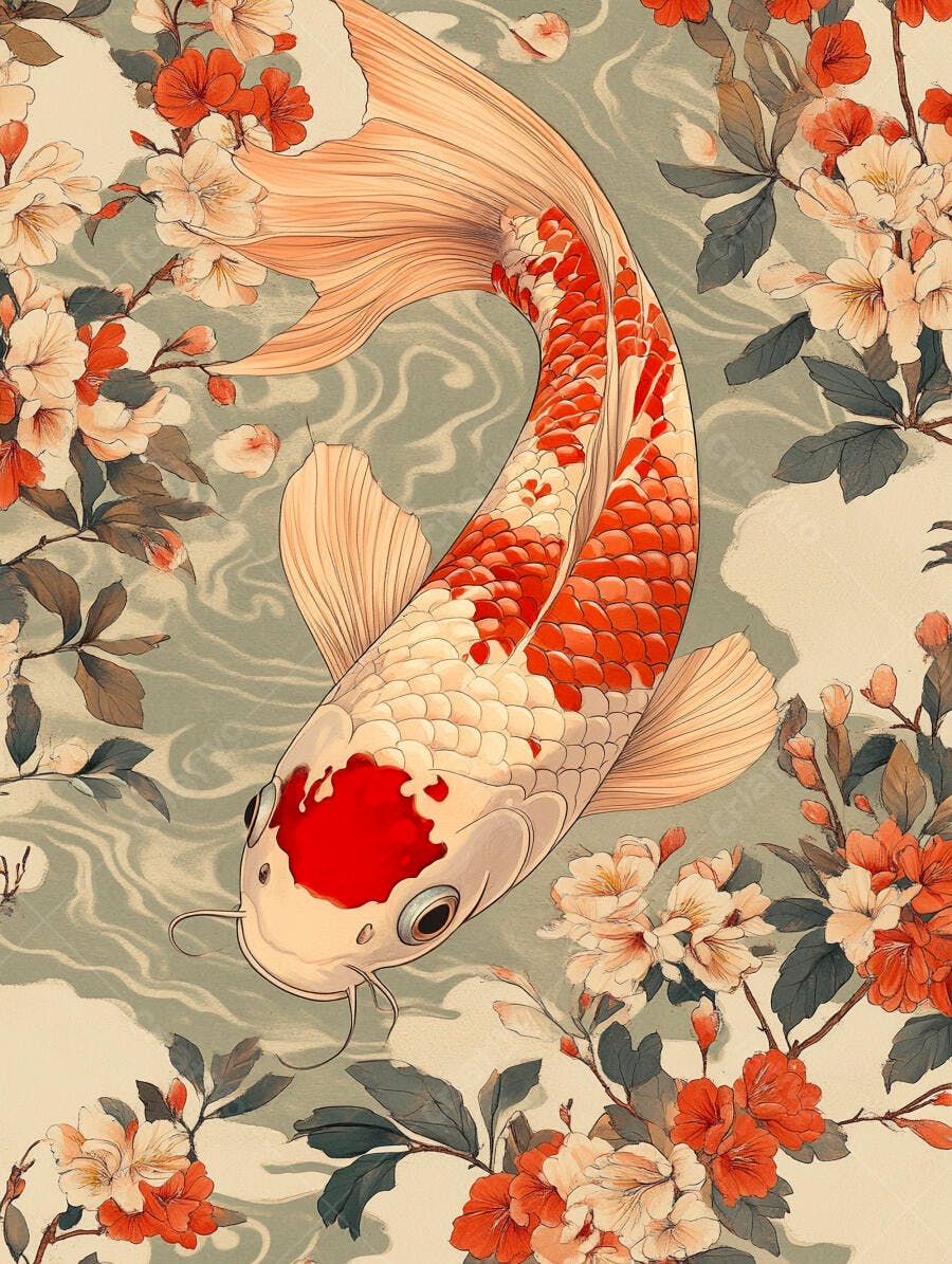 Peixe Koi branco e vermelho alaranjado nadando entre flores de cerejeira em estilo japonês