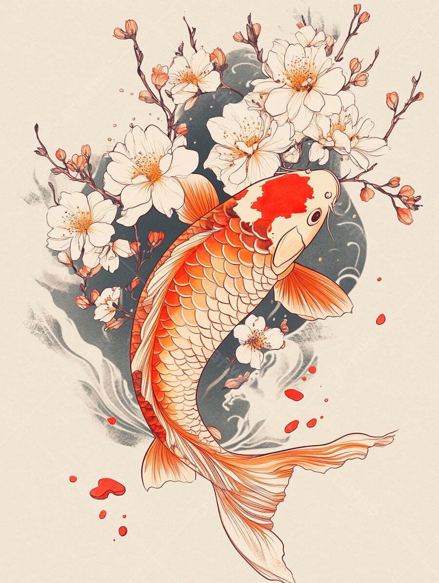 Peixe Koi ornamentado laranja vermelho e flores de cerejeira brancas em aquarela