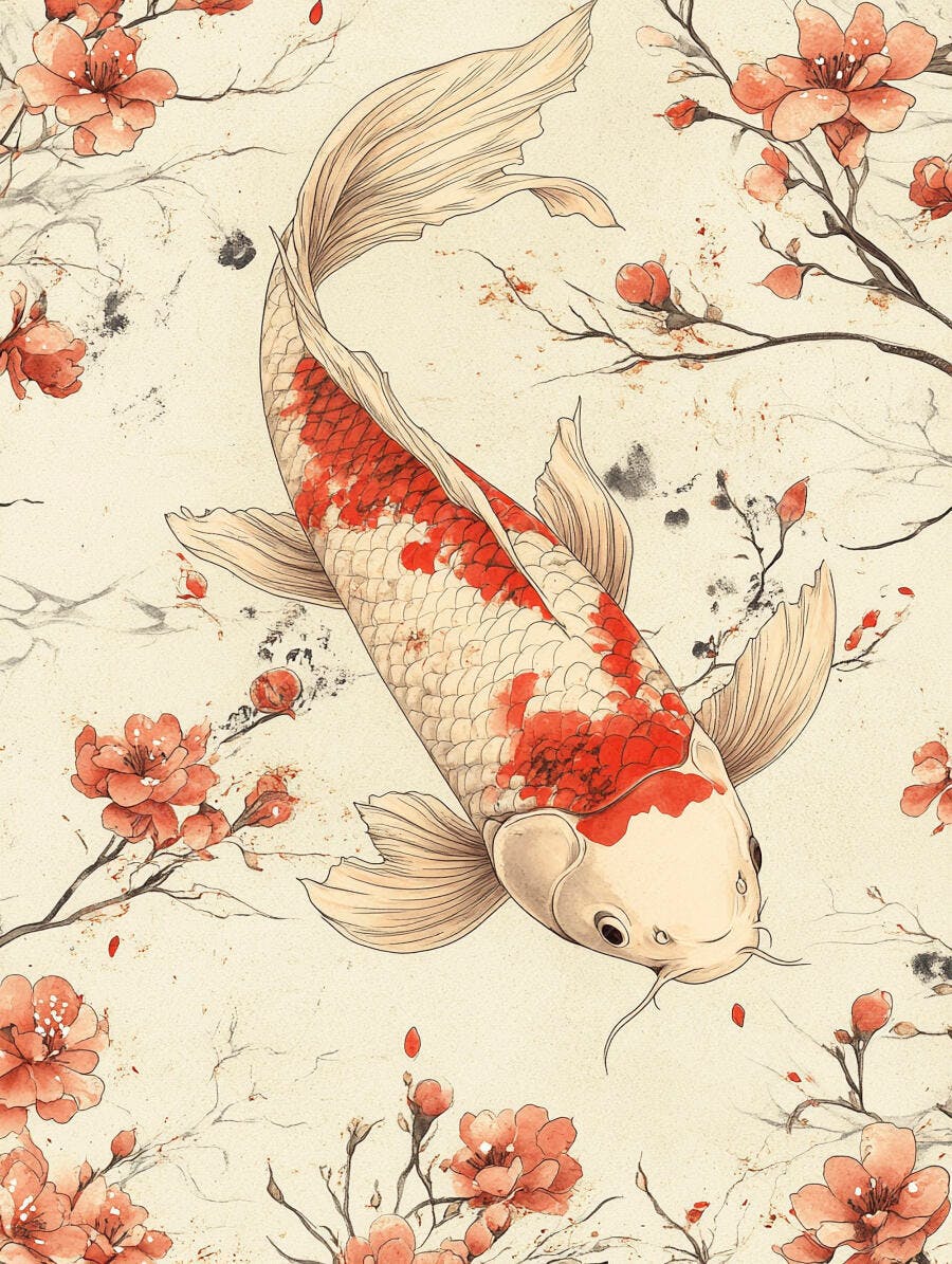 Peixe koi branco e vermelho nadando entre flores de cerejeira estilo japonês