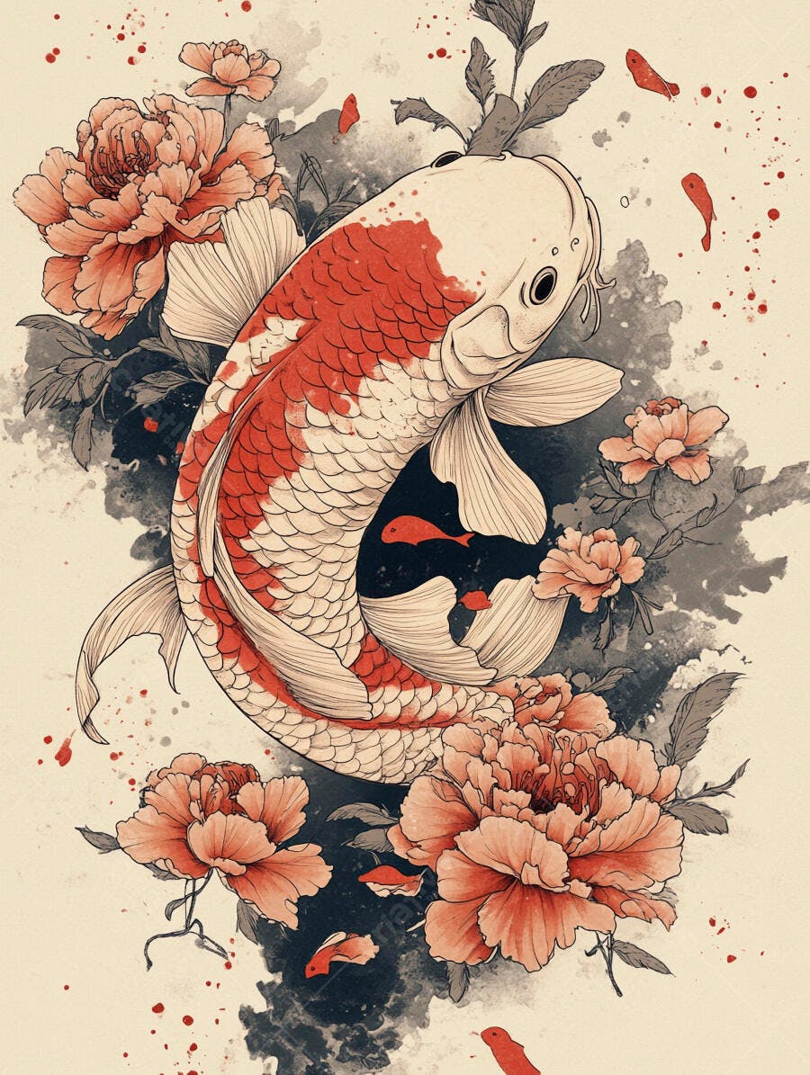 Peixe Koi branco e vermelho com peônias arte japonesa tradicional