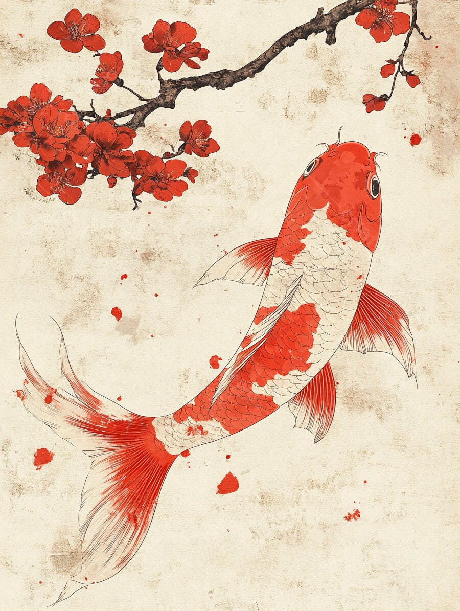 Peixe Koi vermelho e branco com flor de cerejeira em pintura oriental