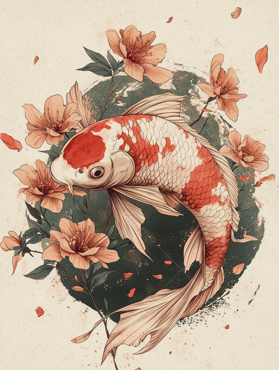 Carpa Koi branca e laranja com flores pêssego em estilo japonês