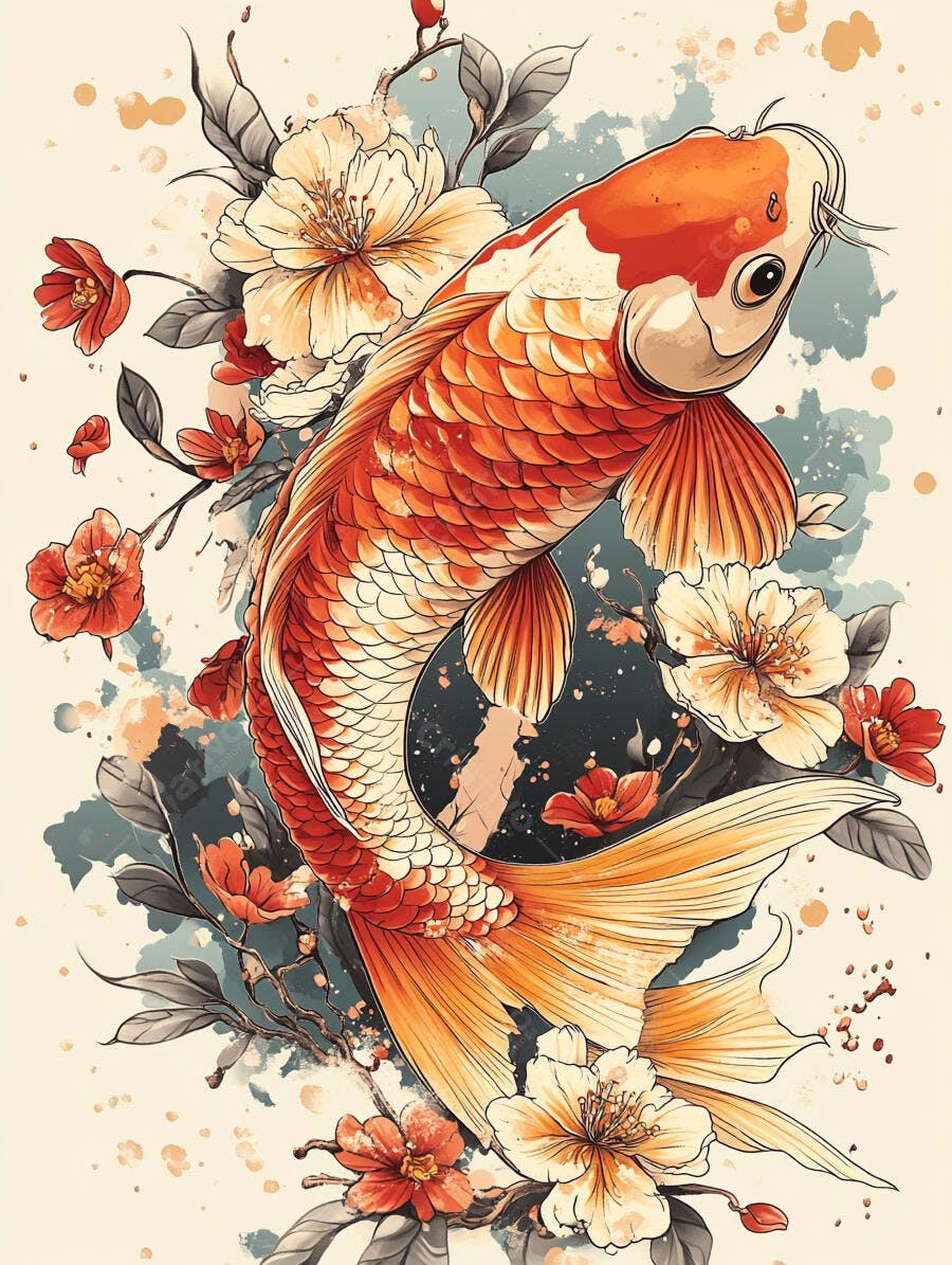 Peixe Koi laranja e branco vibrante nadando entre flores e folhagem estilo aquarela
