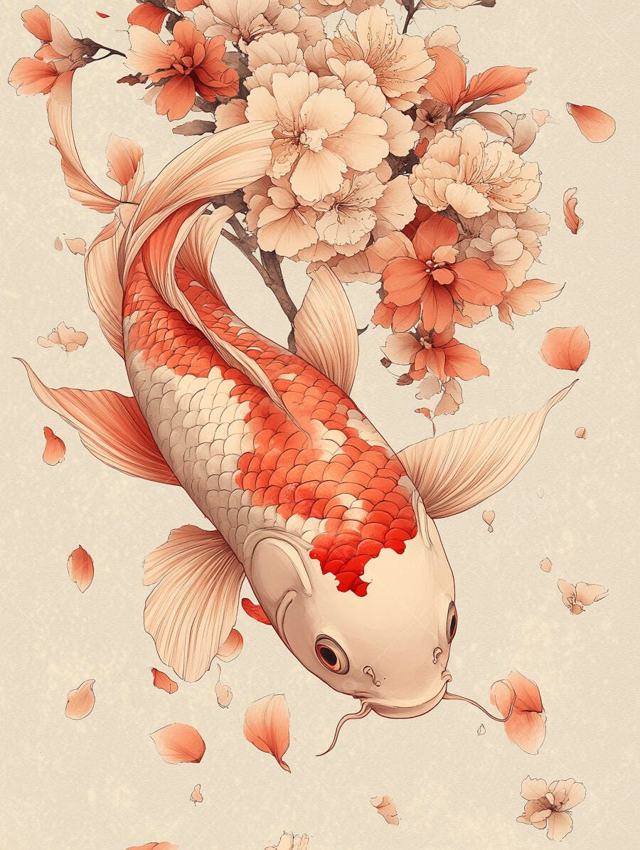 Peixe Koi laranja e branco nadando entre flores de cerejeira e pétalas