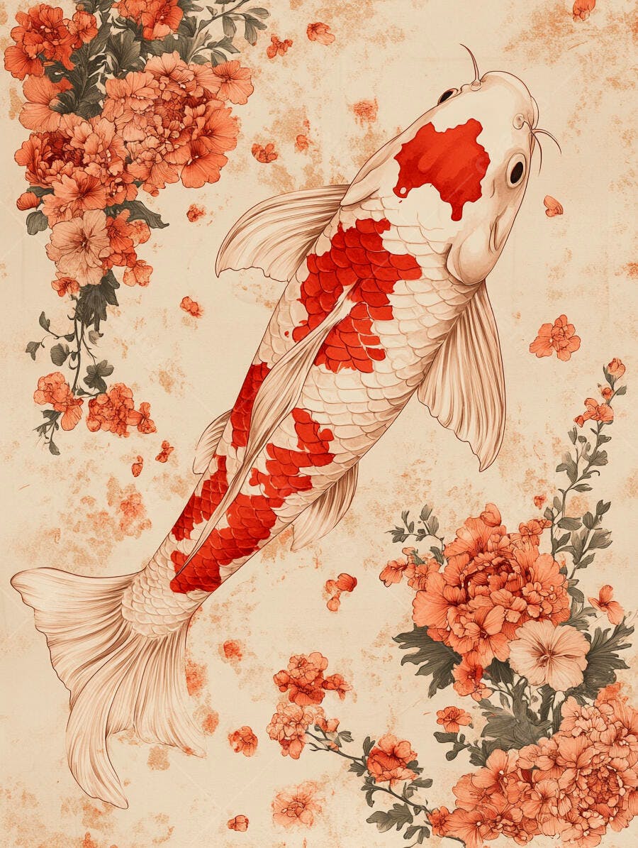 Peixe koi branco e vermelho nadando entre peônias laranjas em arte tradicional