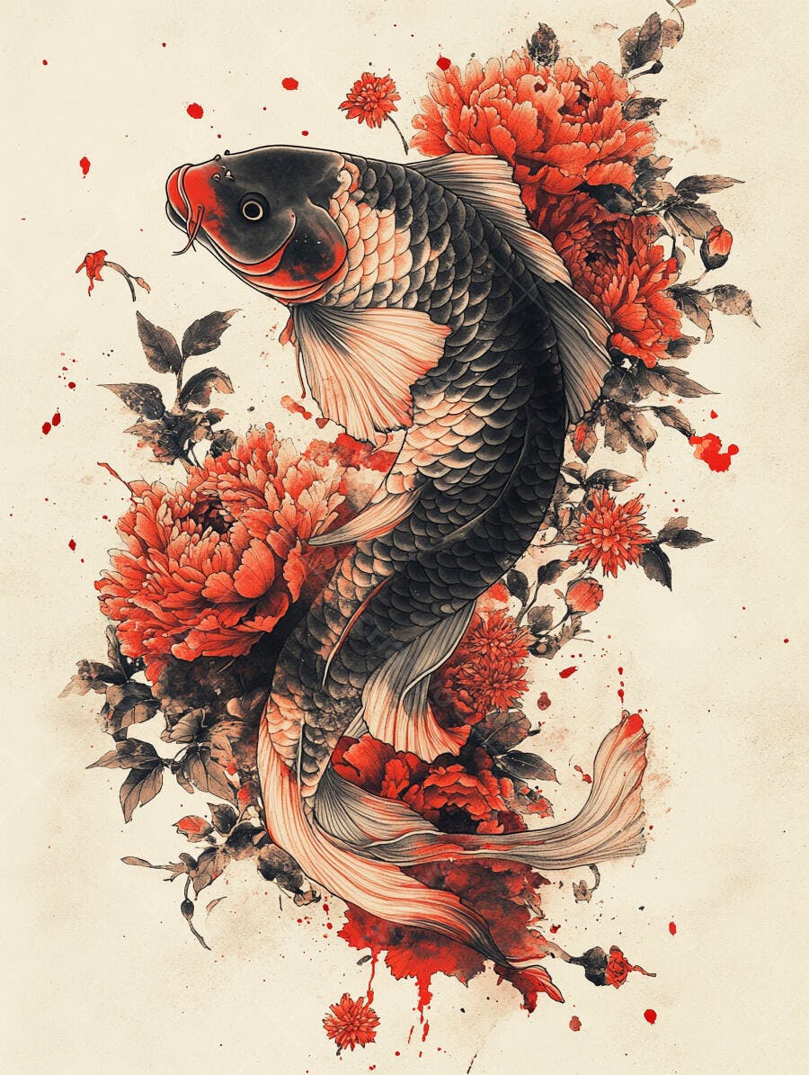 Peixe Koi preto e vermelho arte aquarela com flores vibrantes estilo japonês