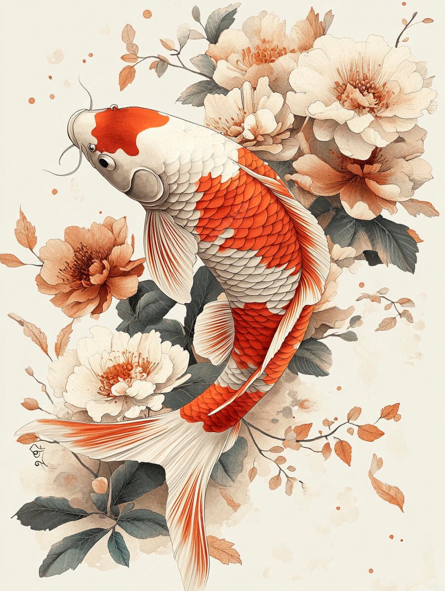 Peixe koi vermelho e branco nadando entre flores em aquarela japonesa tradicional